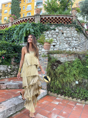 Elegant Golden Tiered Fringe Maxi Dress