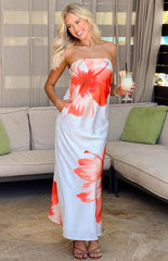 Orange Red Floral Bandeau Maxi Dress