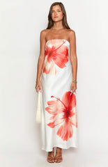 Orange Red Floral Bandeau Maxi Dress