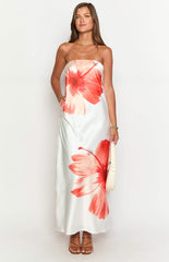 Orange Red Floral Bandeau Maxi Dress