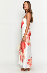 Orange Red Floral Bandeau Maxi Dress