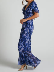 Navy Floral V Neckline Maxi Dress