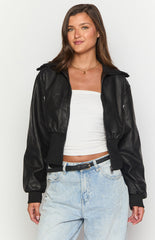 Black Solid Crop Bomber Jacket