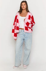 Pink And Red Checkered Knit Cardigan