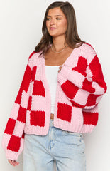 Pink And Red Checkered Knit Cardigan