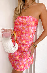 Orange Floral Strapless Mini Dress