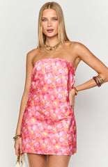 Orange Floral Strapless Mini Dress