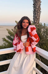 Pink And Red Checkered Knit Cardigan