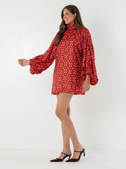 Red Geo Print Lantern Sleeve Mini Dress