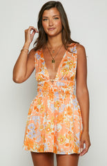 Orange Floral Plunging Mini Dress