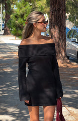 Black Off the Shoulder Knit Mini Dress