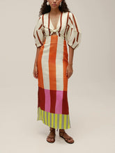 Orange Striped Puff Sleeve Maxi Dress