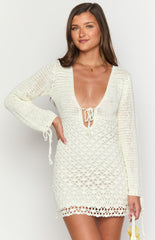 White Crochet Long Sleeve Mini Dress