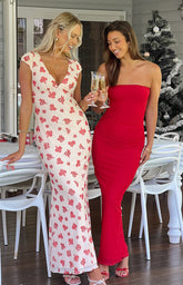 Red Knit Bandeau Maxi Dress