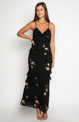 Black Floral Ruffle Maxi Dress