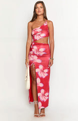 Red Floral One Shoulder Maxi Dress