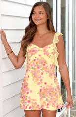 Yellow Floral Chiffon Mini Dress