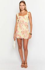 Yellow Floral Chiffon Mini Dress