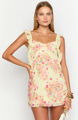 Yellow Floral Chiffon Mini Dress