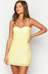 Yellow Gingham Strapless Mini Dress