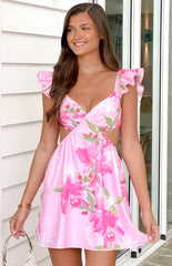 Pink Floral Cutout Mini Dress