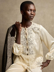 Crochet Lace Edge Satin Pajama Two Piece Suit