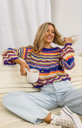 Blue Rainbow Striped Knit Sweater