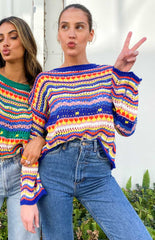 Blue Rainbow Striped Knit Sweater