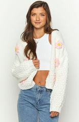White Flower Front-Tie Knit Cardigan