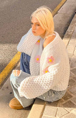 White Flower Front-Tie Knit Cardigan
