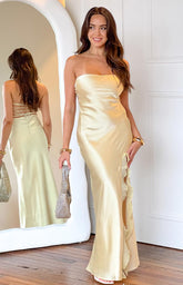 Light Yellow Strapless Satin Maxi Dress