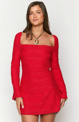 Red Lace Long Sleeve Mini Dress