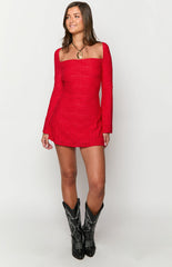 Red Lace Long Sleeve Mini Dress