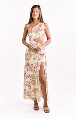 Yellow Floral Satin Maxi Dress