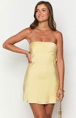 Yellow Satin Strapless Mini Dress