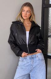 Black Solid Crop Bomber Jacket