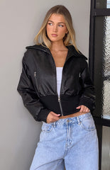 Black Solid Crop Bomber Jacket