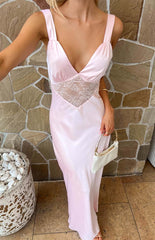 Baby Pink Satin Maxi Dress