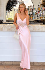 Baby Pink Satin Maxi Dress