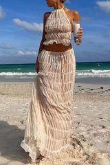 Halterneck Ruched Texture Tank Top Maxi Skirt Two-Piece Suit