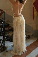 Halterneck Ruched Texture Tank Top Maxi Skirt Two-Piece Suit