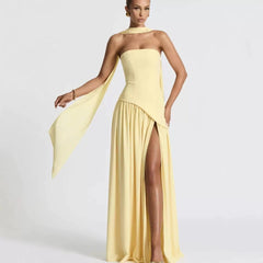 Elegant Strapless High Slit Maxi Dress