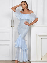 Blue Off Shoulder Flounced Midi Dress