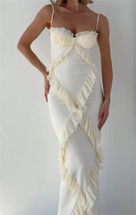 White Frill Trim High Slit Maxi Dress