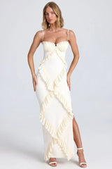 White Frill Trim High Slit Maxi Dress