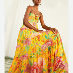 Vibrant Yellow Floral Halter Maxi Dress