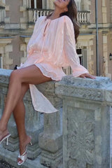 Baby Pink Textured Long Sleeves Mini Dress