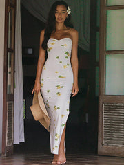 White Floral Strapless Maxi Dress