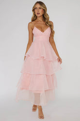 Organza Open Back Tiered Midi Dress
