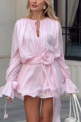 Solid Color Long Sleeve Lace-Up Rosette Mini Dress